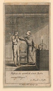 The Slap in the Face, Illustration av pjäsen "Not more than sachs Schuesseln" av Fredrich Wilhelm Grossman i "Königl: Grosbrit [anian] genealogical calendar for the 1782 year Lauenberg by J.G. Berenberg" av Daniel Nikolaus Chodowiecki
