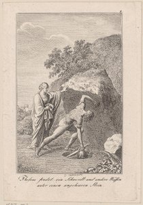 Theseus finner ett svärd och andra vapen under en sten, blad 1 till Beckers "Theseus" av Daniel Nikolaus Chodowiecki