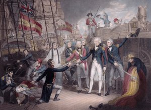 Amiral Nelson tar emot det spanska amiralsvärdet, slaget vid St. Vincent