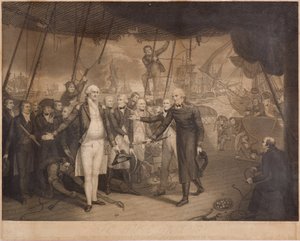 Lord Viscount Duncans seger och amiral De Winters avsked ombord på den ärevördiga, oktober 1797 (sticksticksgravyr)