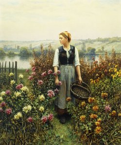 Flicka med en korg i en trädgård,
