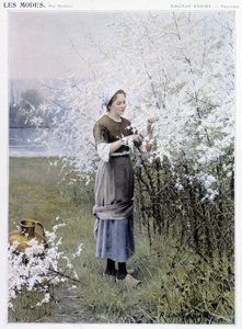 Vår: Kvinna som samlar blommor - sjuk. av R. Knight, c. 1905 av Daniel Ridgway Knight