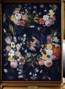 Blomkrans med Madonna och barn (Blommkrans med Madonna och barn). Målning av Daniel Seghers (1590-1661). Olja på duk, 82 x 64 cm. Flamländsk konst, barockkonst. Statens konstmuseum, Tula (eller Tolan).