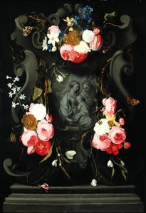 Blomsterkrans med den heliga familjen, 1625-27 (olja på koppar)