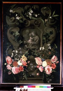 Madonna och barn, Sankta Elisabeth och Johannes Döparen som barn i en blomsterkrans. Målning av Daniel Seghers (1590-1661). Olja på koppar, 84 x 61 cm av Daniel Seghers