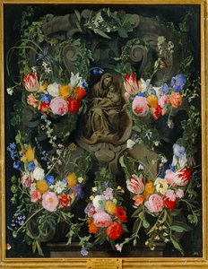 Madonna i en blomsterkrans (olja på duk) av Daniel Seghers