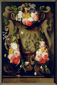 Stilleben med den heliga familjen (olja på ek) av Daniel Seghers