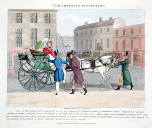 Den tryckande inbjudan, illustration från "Fashionable bores eller coolers in High Life" av Peter Quiz, pub. Thomas McLean, London 1824 (handfärgad gravyr)