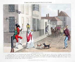 Den obehagliga Rencontre, illustration från "Fashionable Bores eller Coolers in High Life" av Peter Quiz, pub. Thomas McLean, London 1824 (handfärgad gravyr)
