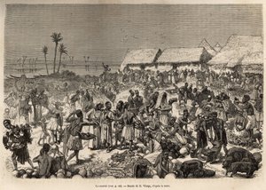 En mycket animerad marsch nära Kongofloden, som samlade mer än tre tusen människor, etsad efter en teckning av D.Vierge, som illustrerar David Livingstones sista dagbok (1813-1873), 1866-1873, publicerad i "Le tour du monde" 1875, redigerad av Edouar av Daniel Urrabieta Vierge