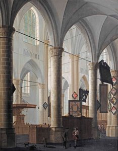 Interiören av Grote Kerk i Dordrecht, med figurer som samtalar och barn som leker
