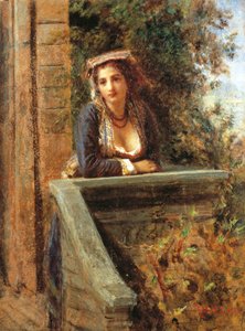 Ung flicka vid fönstret eller ung kvinna på balkongen, av Daniele Ranzoni (1843-1889), olja på papper monterad på trä, 44x33 cm
