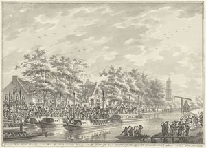 Amsterdammerarnas ankomst till Utrecht, 1787 Vy över ankomsten av Amsterdam-medborgarna vid Utregt på De Rooy Brug. Efter Den Dom att se. 1787. (titel på objekt)