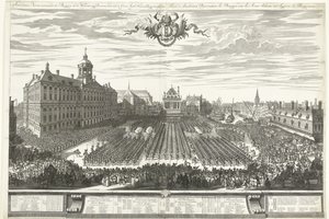 Beväpnade män på Damtorget under Amsterdammässan 1686 Amsterdam-mässan som visar Burgery in the Weapons, sig Presenterar aaen de Groot Agtb: Heeren Burgermeesteren (titel på objekt) Foire d