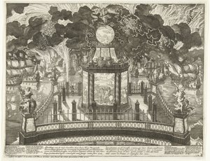 Fyrverkerier på Hofvijver för att fira segern i Vigo, 1702 Bilder av eldverken av Hennes Höga Majestäts Gentlemen States General der Vereenigde Nederlanden ordinerade med anledning av de herrliga framgångarna med derselver-vapen och följeslagare