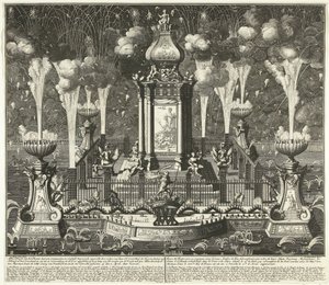 Fyrverkerier vid firandet av Utrechtfördraget, 1713 Bild av teatern med synade ornament och constigh fyrverkerier, uppförd av ordere van Haar Ed. Groot Mog: Heeren Staten van Holland och West Vriesland (...) i Haag, i vyver ( av Daniël Stopendaal