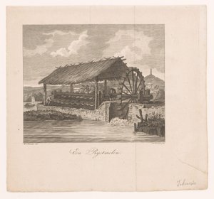 Riskvarn som drivs av ett vattenhjul A Rice Mill (titel på objekt) av Daniël Veelwaard (I)