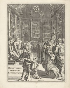 Biblioteksinteriör med prästerskap Titelsida för: Bibliotheque des Authors Ecclesiastiques, utan årtal av Daniël met de Penningen
