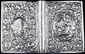 Övre och nedre bokomslag med bladverk och en bild av den barmhärtige samariten, 1740 av Danish School