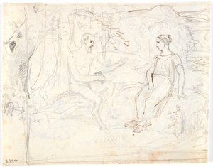 En satyr med en flöjt och en ung flicka som sitter i en skog av Dankvart Dreyer