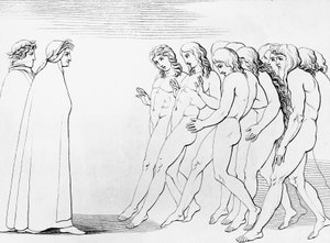 Själar skräms när de ser att Dante lever, illustration till 3:e kanton i Skärselden, Den gudomliga komedin, allegorisk dikt av Dante Alighieri (1265-1321) av Dante Alighieri