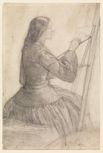 Elizabeth Siddal sittande vid ett staffli, målning, 1854-55 ca av Dante Gabriel Charles Rossetti