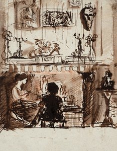 Lizzie Siddal och Woolner i ett imaginärt rum (penna, bläck och lavering) av Dante Gabriel Charles Rossetti