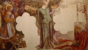 Sir Lancelot hindras på grund av sin synd från att gå in i den heliga Graalens kapell. av Dante Gabriel Charles Rossetti