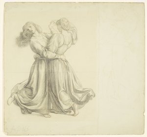 The Bower Meadow - Draperistudie för de två dansande flickorna av Dante Gabriel Rossetti