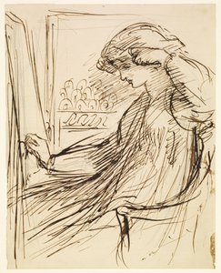Kvinna sittande vid en broderiram eller ett staffli av Dante Gabriel Rossetti
