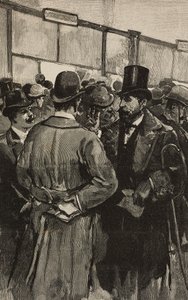 Bankdiskar under Roman Bank (Banca Romana) skandal, Rom, Italien, gravyr efter teckning av Dante Paolocci, från L
