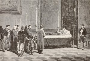 Kardinal Giacomo Antonellis kropp liggande i tillstånd i ett av rummen i Vatikanen, graverad från en teckning av Dante Paolocci från L