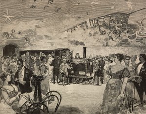 Karnevalsfest på International Artistic Club (Circolo Artistico) i Rom, Italien, gravyr efter teckning av Dante Paolocci, från L