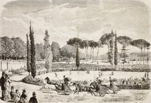 Vagntävlingar i Villa Borghese, Rom, Italien, gravyr från teckning av Dante Paolocci från L