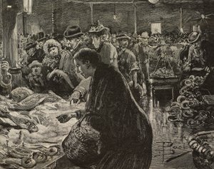 Julmarknad i Rom, Italien, gravyr efter teckning av Dante Paolocci, från L