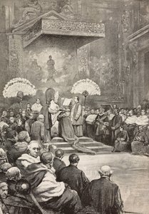 Konsistoriet den 13 november, påven Leo XIII där han skapade nya kardinaler, Vatikanen, gravyr från teckning av Dante Paolocci, från L