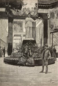 Utställning av tyger och spetsar, Rotonda and Fabrics Gallery, Rom, Italien, gravyr från teckning av Dante Paolocci, från L