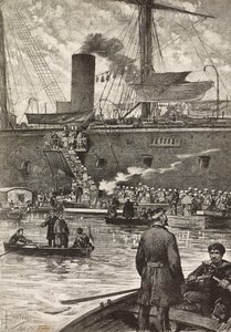 Italienska soldater ombord på slagskeppet Principe Amedeo, italiensk expedition i Röda havet, Neapel, Italien, gravyr efter ritning av Dante Paolocci, från L