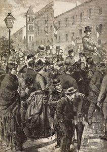 Kung Umberto I och drottning Margherita återvänder från sitt besök i Neapel som drabbats av kolera, Rom, Italien, gravyr från teckning av Dante Paolocci, från L