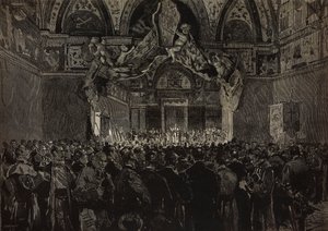 Leo XIII tar emot franska pilgrimer i Ducal Hall, Papal Jubilee, Vatikanen, gravyr från teckning av Dante Paolocci, från L