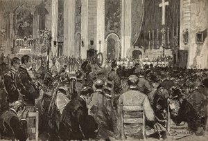 Obsequies för döda i Dogali i kyrkan Sant Andrea della Valle, Rom, gravyr från teckning av Dante Paolocci, från L