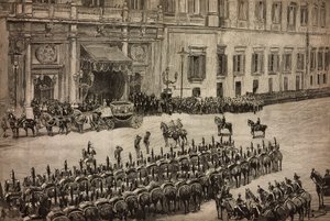 Invigning av parlamentet, ankomst av kung Umberto I till Montecitorio, Rom, Italien, gravyr från teckning av Dante Paolocci, L