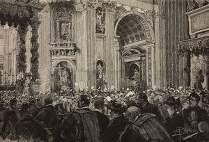 Påvlig välsignelse med anledning av Leo XIII:s biskopsjubileum, Peterskyrkan, Vatikanen, gravyr efter teckning av Dante Paolocci, från L