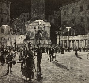 Piazza Colonna upplyst med elektriskt ljus, Rom, Italien, teckning av Dante Paolocci, gravyr från L