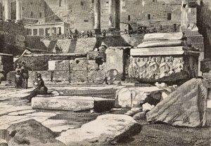 Plattformar i Forum Romanum, Rom, Italien, gravyr från teckning av Dante Paolocci, från L