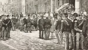 Politiker och officerare som deltar i begravningståget av Luigi Mezzacapo (1814-1885), italiensk politiker och officer, Rom, Italien, gravyr från teckning av Dante Paolocci, från L