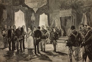 Prins av Neapel, Alfonso Maria Giuseppe Alberto av Bourbon-Two Sicilies i underlöjtnantuniform, vid nyårsmottagningen i Quirinal, Italien, gravyr från teckning av Dante Paolocci, från L