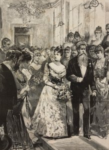 Drottning Margherita av Savojen på festen av den konstnärliga klubben (Circolo Artistico) i Rom, åtföljd av skulptören Giulio Monteverde, Italien, gravyr efter teckning av Dante Paolocci, från L