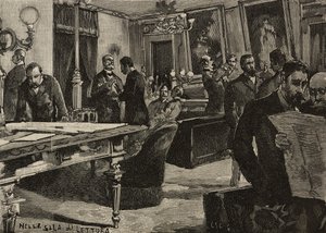 Läsrum i Palazzo Montecitorio, Rom, Italien, gravyr efter ritning av Dante Paolocci, från L