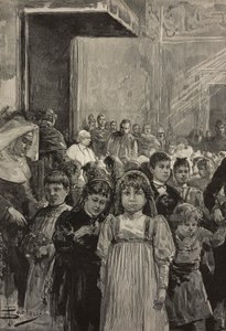 Mottagande av barn vid jubileumsfirandet av påven Leo XIII, Vatikanen, gravyr efter teckning av Dante Paolocci, från L
